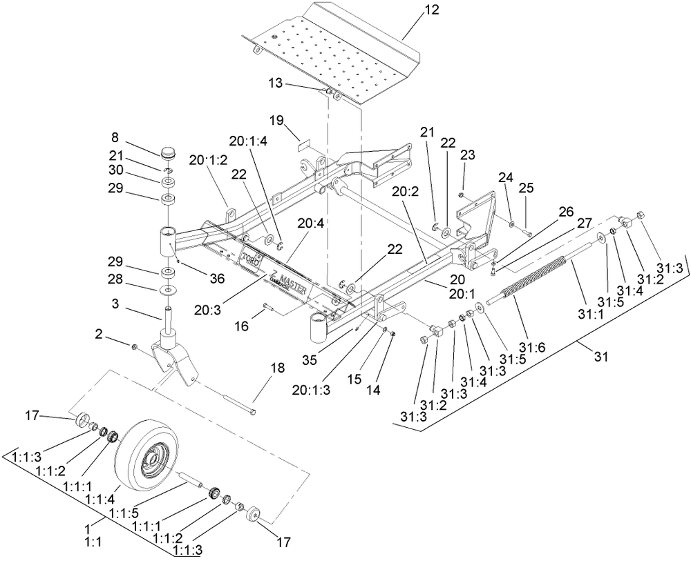 Front Frame Assembly Diagram and Parts List for 74410 (250000001-250005000)(2005) Toro Lawn Mower