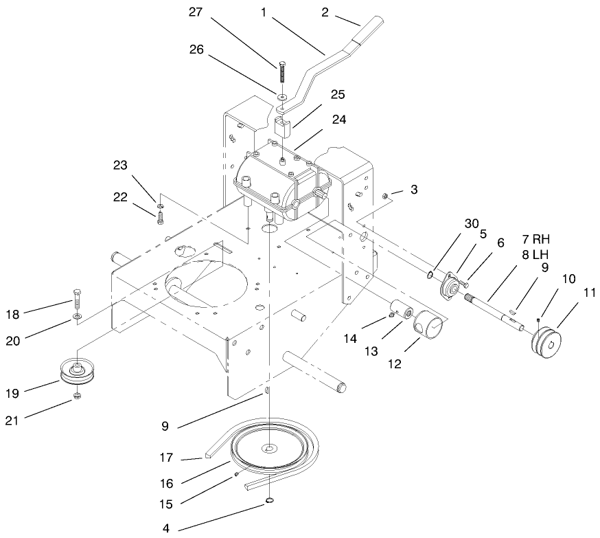 Transmission And Idler Pulley Assembly Diagram and Parts List for 30159 990001 - 991179 Toro Lawn Tractor Accessories