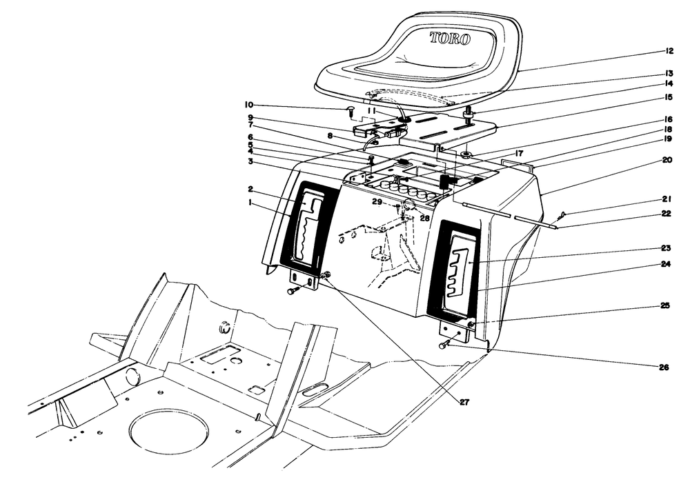 Rear Body & Seat Assembly Diagram and Parts List for 57360 7000001 - 7999999 Toro Lawn Tractor