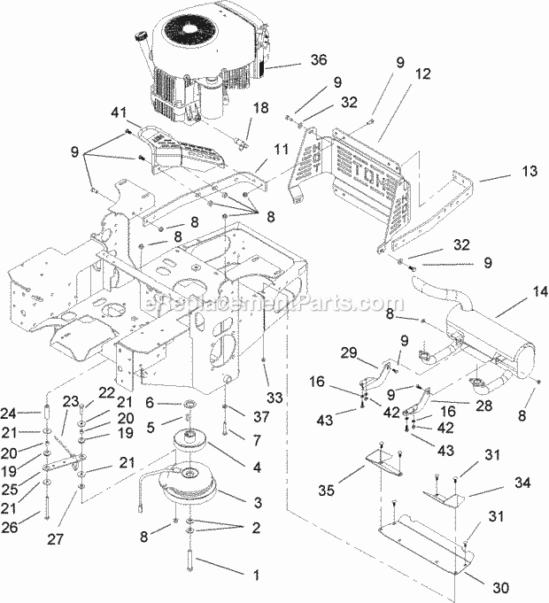 Engine, Clutch And Muffler Assembly Diagram and Parts List for 74164 240000001-240999999 Toro Lawn Mower