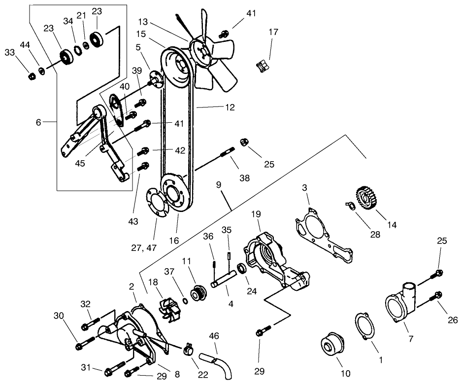 Water Pump Assembly Diagram and Parts List for 73545 8900001 - 8999999 Toro Lawn Tractor
