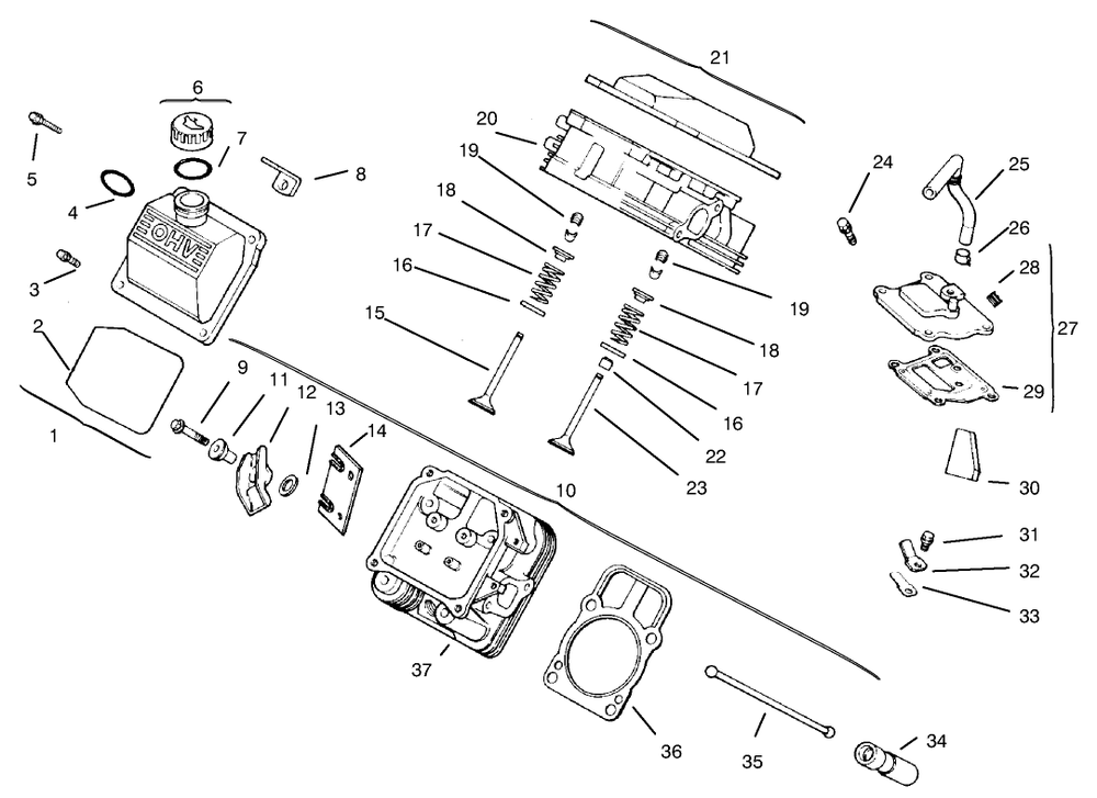 Cylinder Head, Valve & Breather Diagram and Parts List for 30611 890001 - 899999 Toro Lawn Tractor