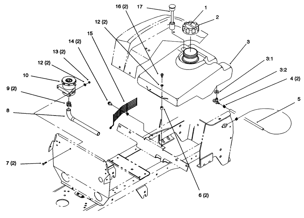 Fuel Tank And Hydro Reservoir Diagram and Parts List for 72102 6900001 - 6999999 Toro Lawn Tractor