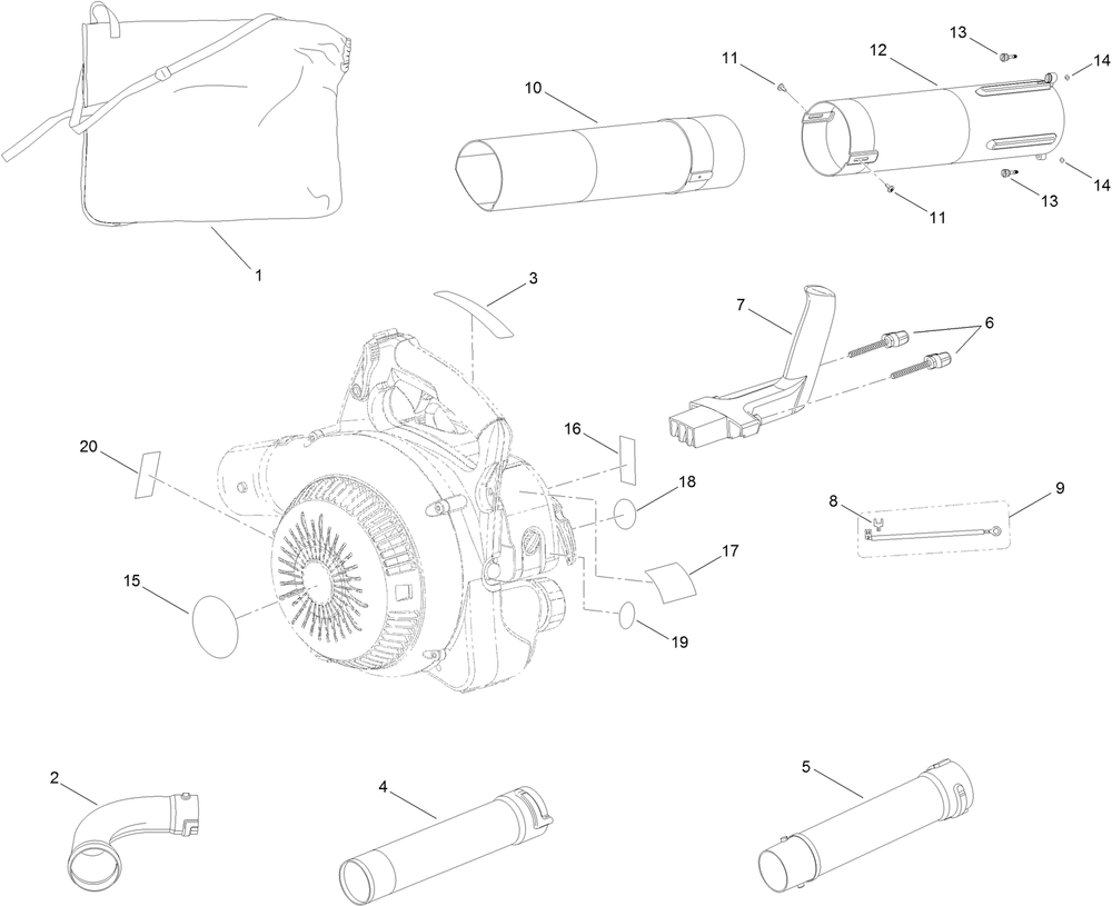 Main Blower Assembly Diagram and Parts List for 51986 312000001 - 312999999 Toro Leaf Blower / Vacuum