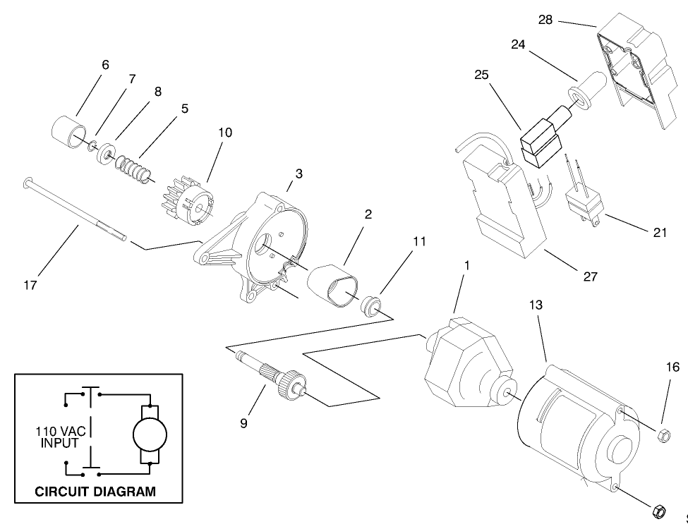 Starter Motor Assembly & Switch Housing Diagram and Parts List for 38175 7900001 - 7999999 Toro Snow Blower