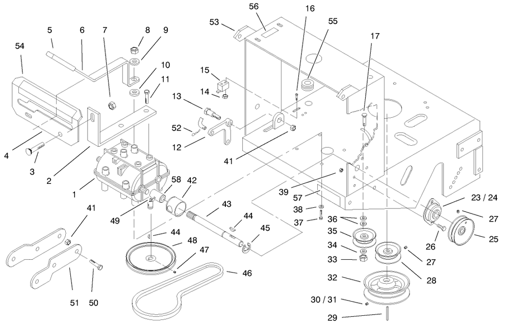 Transmission, Pulleys And Drive Belt Diagram and Parts List for 30193 990001 - 990250 Toro Lawn Mower