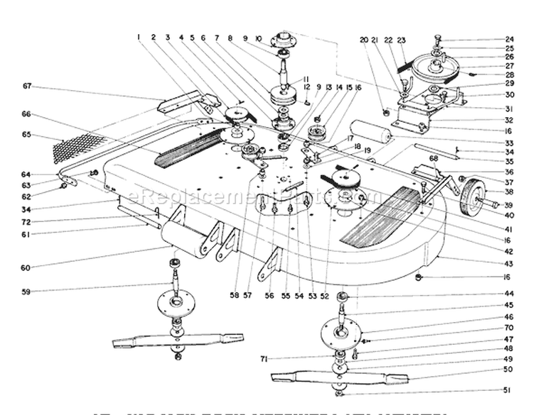 42" Mower Deck Assembly Diagram and Parts List for 55402 0000001-0999999 - 1970 Toro Lawn Tractor