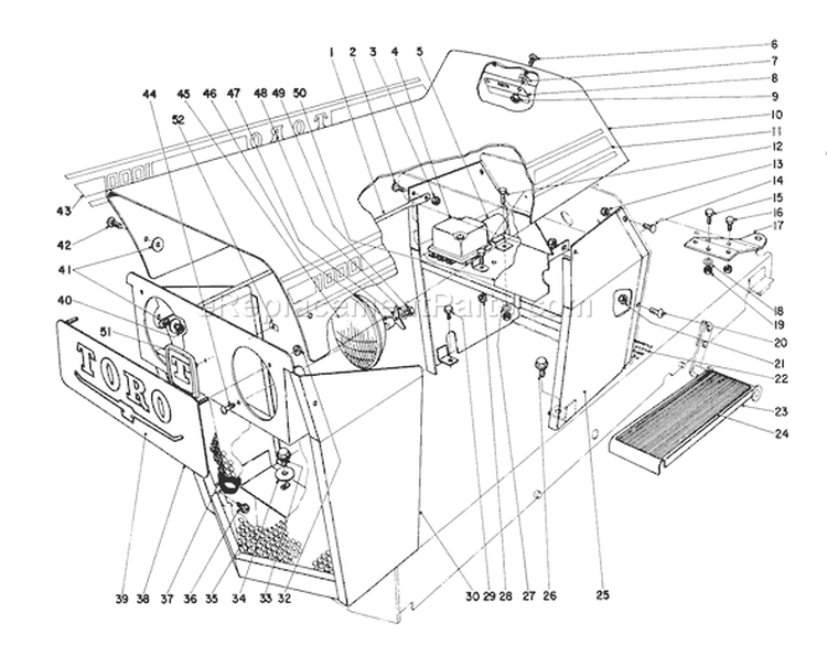 Hood & Grille Assembly Diagram and Parts List for 55402 0000001-0999999 - 1970 Toro Lawn Tractor