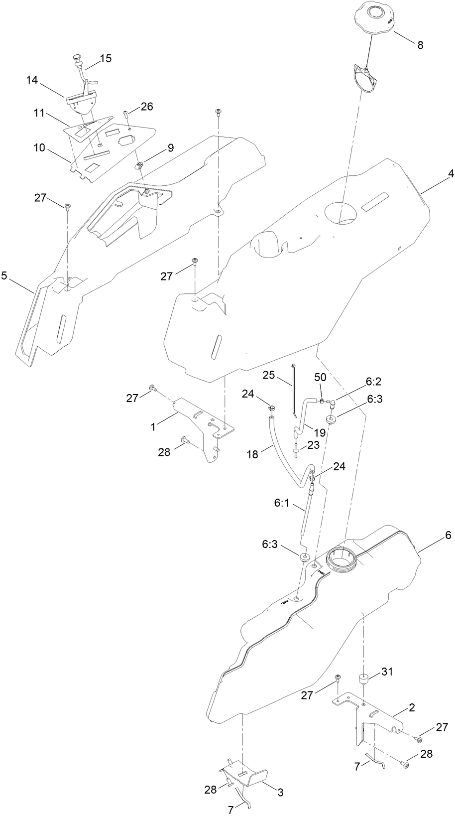 Fuel Pod Assembly Diagram and Parts List for 75760 409784869 - 409785505 Toro Lawn Tractor