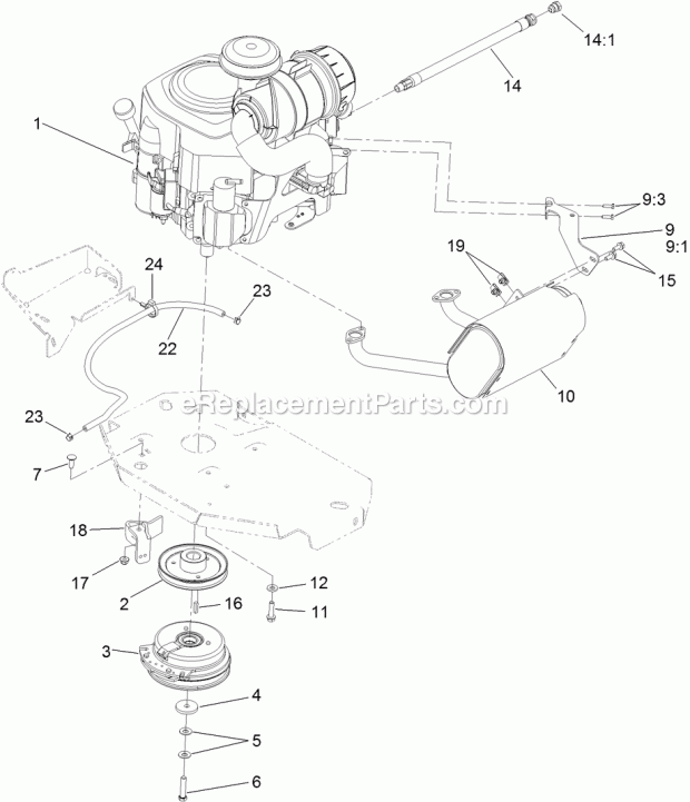 Engine, Muffler And Clutch Assembly Diagram and Parts List for 74915CP 311000001-311999999 Toro Lawn Mower