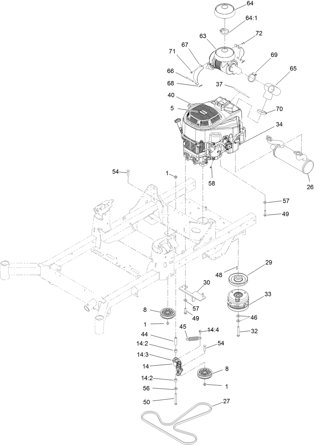 Engine, Clutch And Muffler Assembly Diagram and Parts List for 74493 407146062-999999999 Toro Lawn Tractor