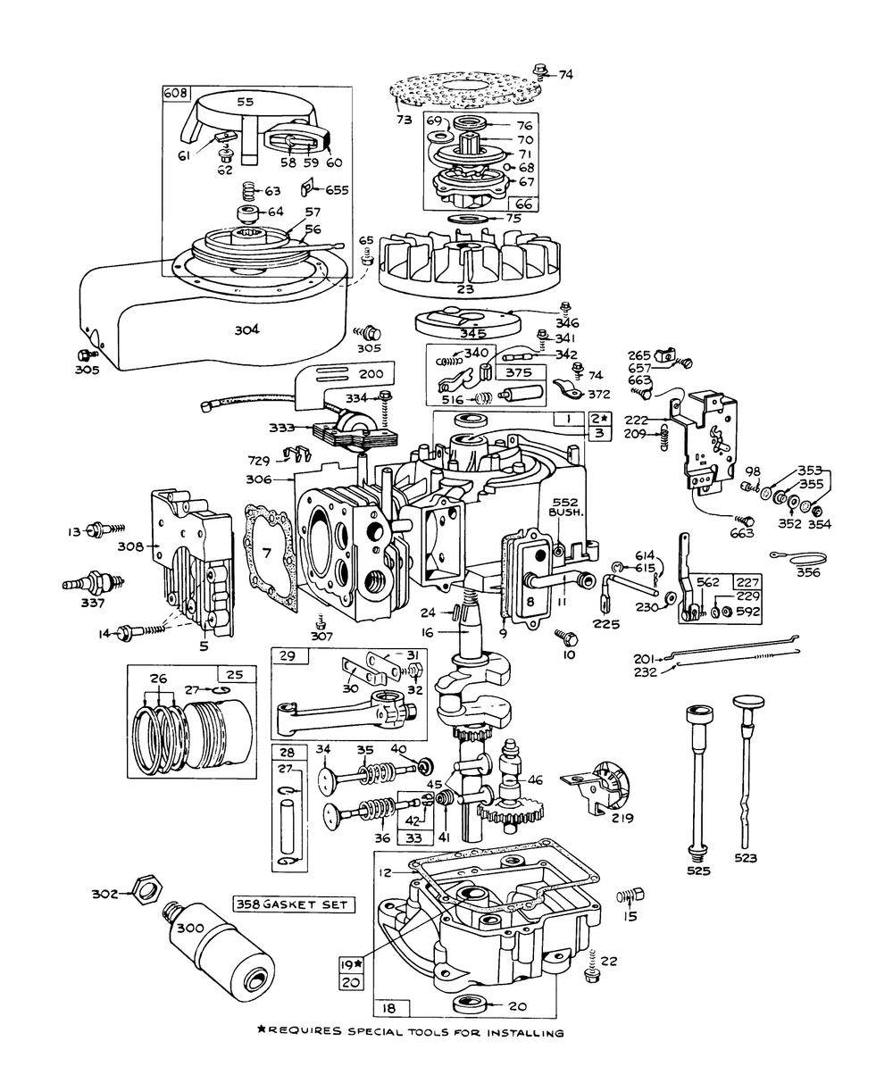 Engine Briggs & Stratton Model No. 170702-1203 Recoil Start Diagram and Parts List for 56173 2000001 - 2999999 Toro Lawn Tractor Accessories