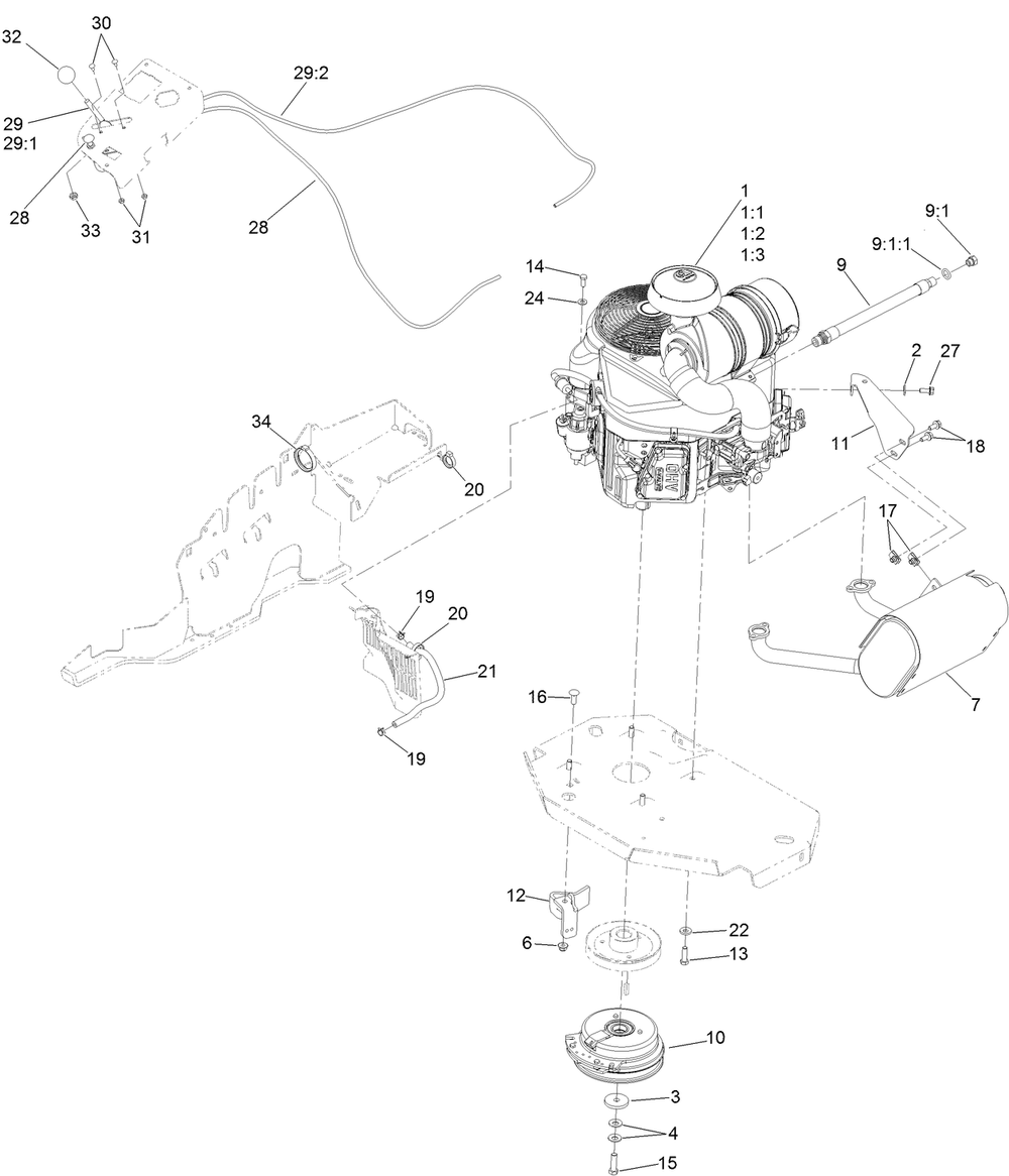 Engine, Clutch And Muffler Assembly Diagram and Parts List for 72902TE 411000000-999999999 Toro Lawn Mower