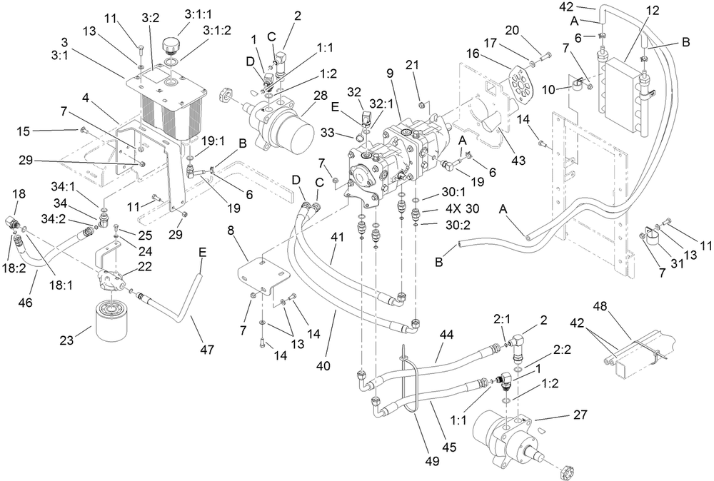 Hydraulic Tank, Motor And Pump Assembly Diagram and Parts List for 74279TE (290000001-290999999)(2009) Toro Lawn Tractor