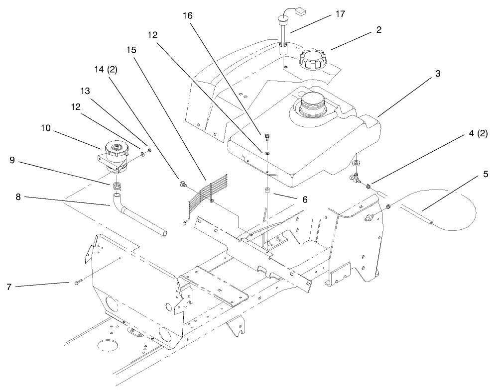 Fuel Tank & Hydro Reservoir Assembly Diagram and Parts List for 72115 9900001 - 9999999 Toro Lawn Tractor