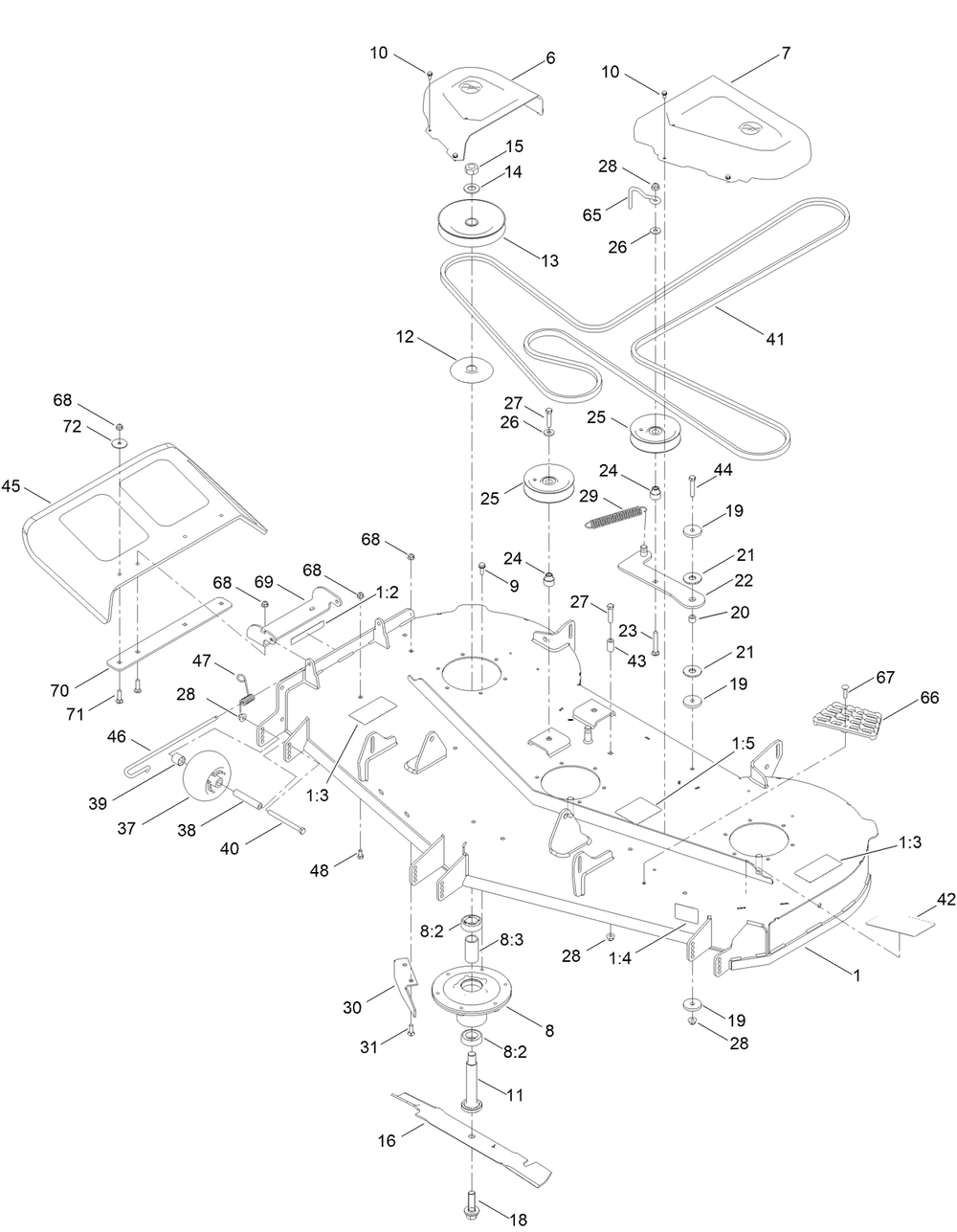 60inch Deck And Blade Assembly Diagram and Parts List for 75318TA 413000000 - 999999999 Toro Lawn Tractor