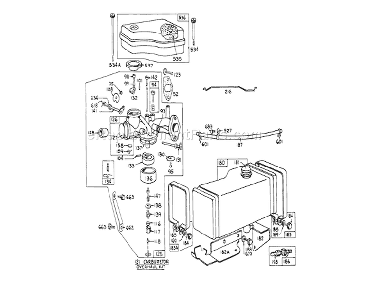 Carburetor and Fuel Tank Assembly Diagram and Parts List for 56173 2000001-2999999 - 1972 Toro Lawn Tractor