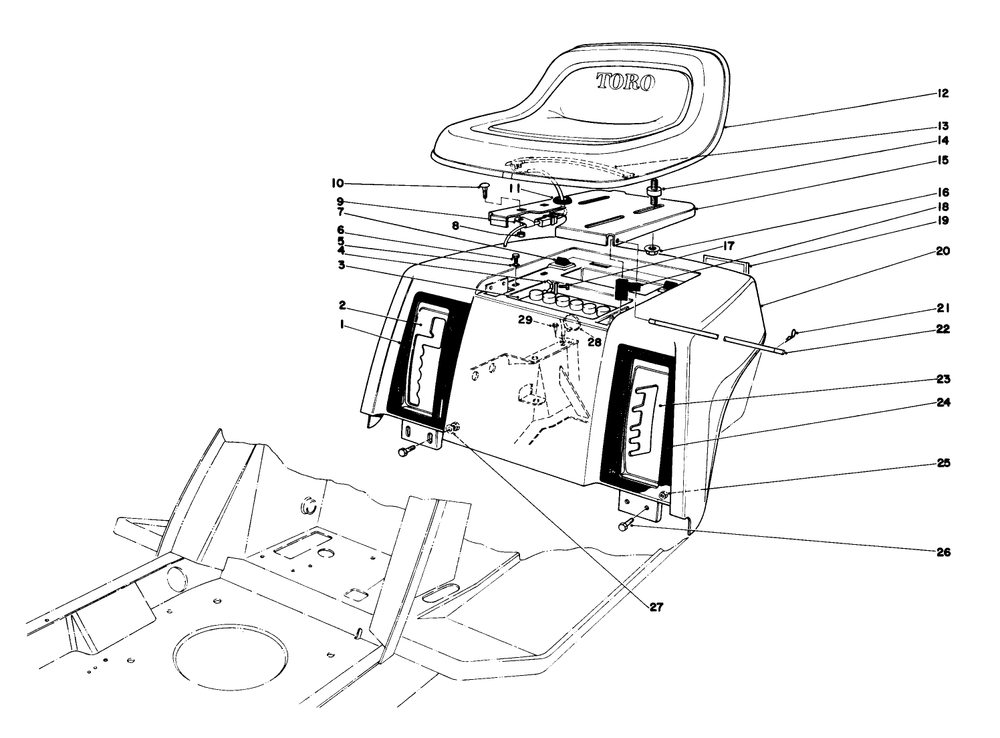 Rear Body & Seat Assembly Diagram and Parts List for 57365 7000001 - 7999999 Toro Lawn Tractor