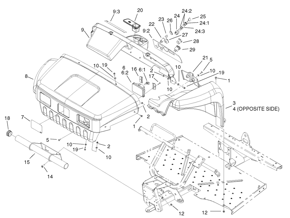 Hood And Fender Assembly Diagram and Parts List for 12004 220000001 - 220999999 Toro Lawn Tractor