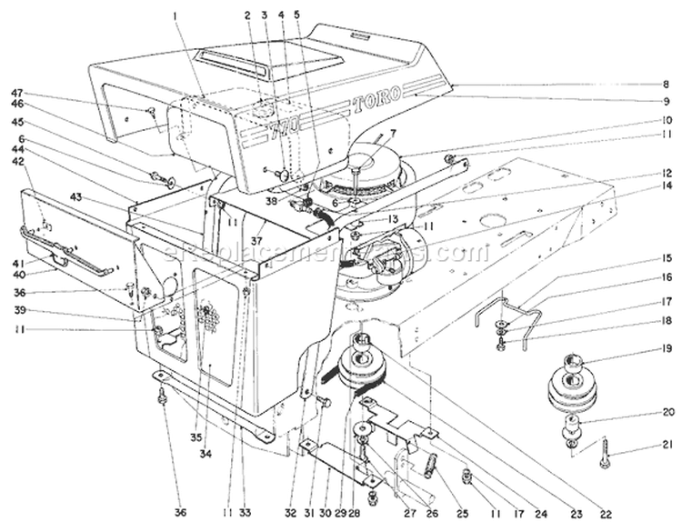 Hood And Engine Assembly Diagram and Parts List for 57222 1000001-1999999 - 1971 Toro Lawn Mower