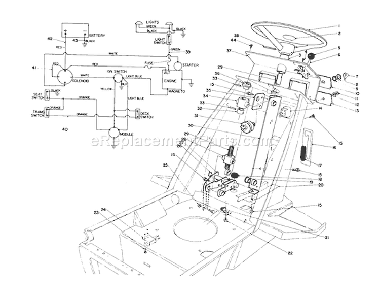 Steering Wheel & Dash Assembly Diagram and Parts List for 57300 7000001-7999999 - 1977 Toro Lawn Mower