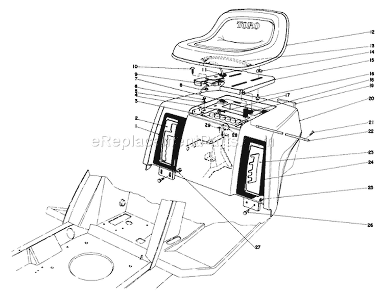 Rear Body & Seat Assembly Diagram and Parts List for 57360 6000001-6999999 - 1986 Toro Lawn Tractor
