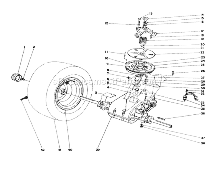 Transaxle & Clutch Assembly Diagram and Parts List for 57360 6000001-6999999 - 1986 Toro Lawn Tractor