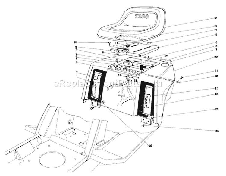 Rear Body & Seat Assembly Diagram and Parts List for 57365 6000001-6999999 - 1986 Toro Lawn Tractor
