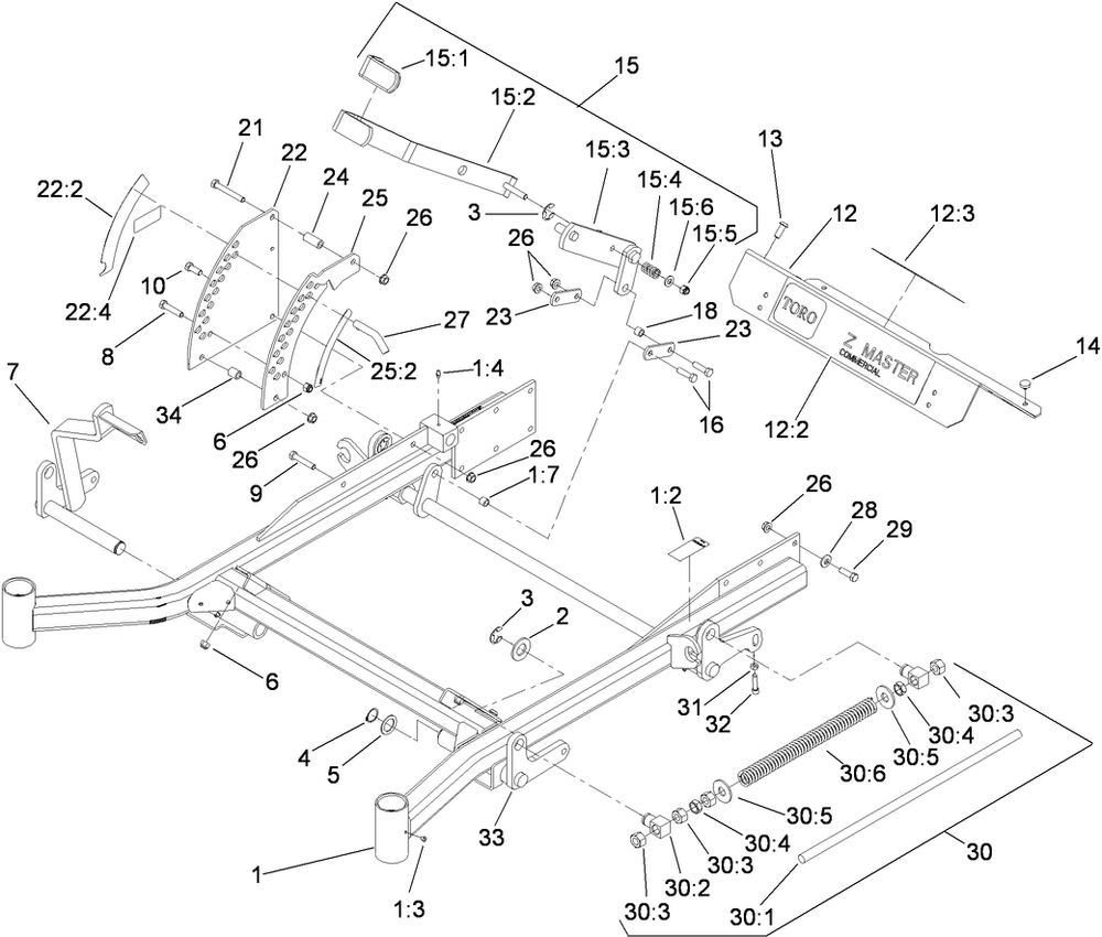 Front Frame Assembly Diagram and Parts List for 74274 (310000001-310999999)(2010) Toro Lawn Mower