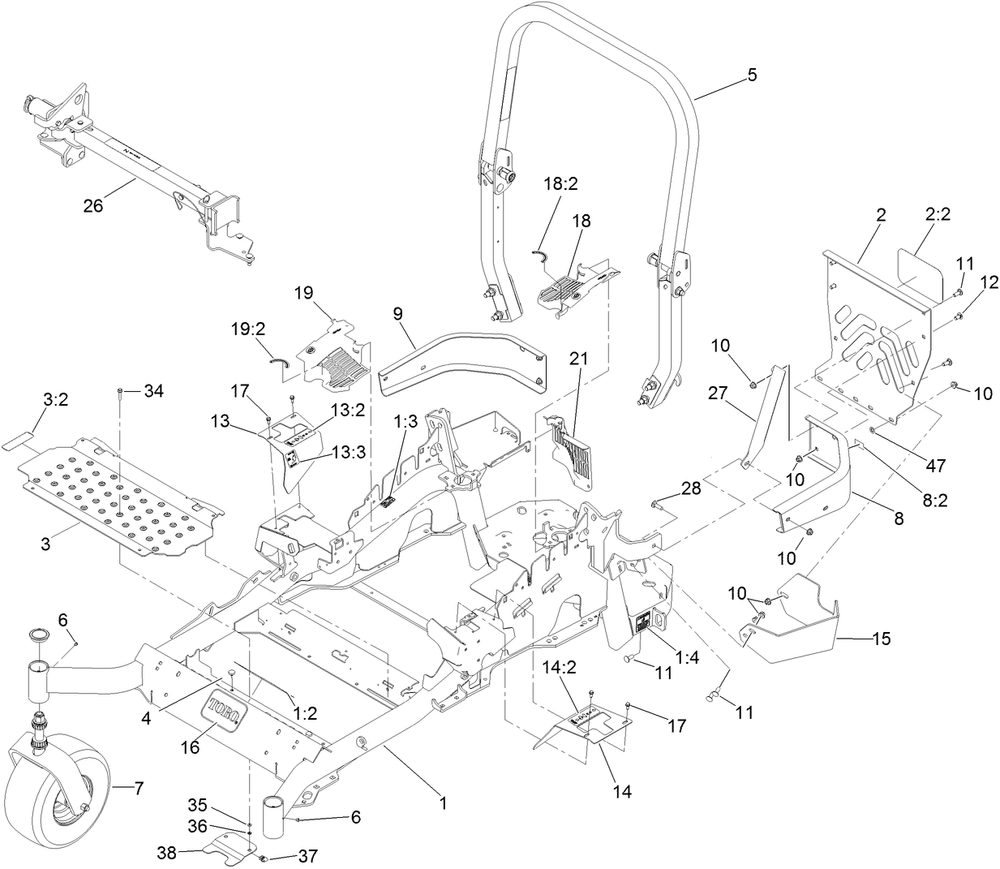 Frame, Caster And Z Stand Assembly Diagram and Parts List for 74923TE (312000001-312999999)(2012) Toro Lawn Mower