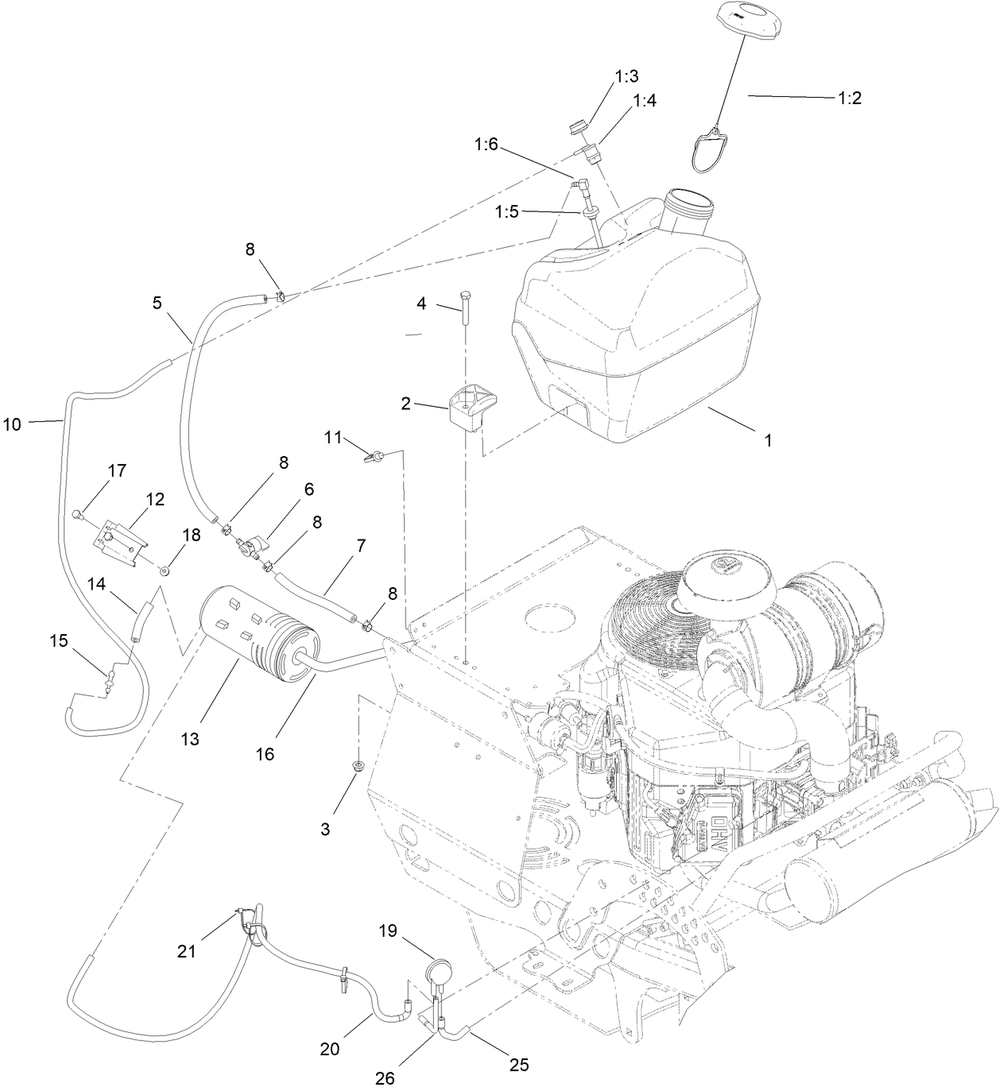 Fuel System Assembly Diagram and Parts List for 44460 410270000-999999999 Toro Lawn Mower