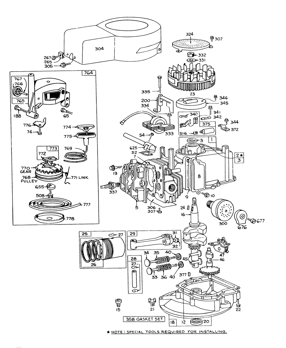 Engine Briggs & Stratton Model 92508-0954-01 For 19" Hand Propelled Model 16035 Diagram and Parts List for 16264 7000001 - 7999999 Toro Lawn Mower