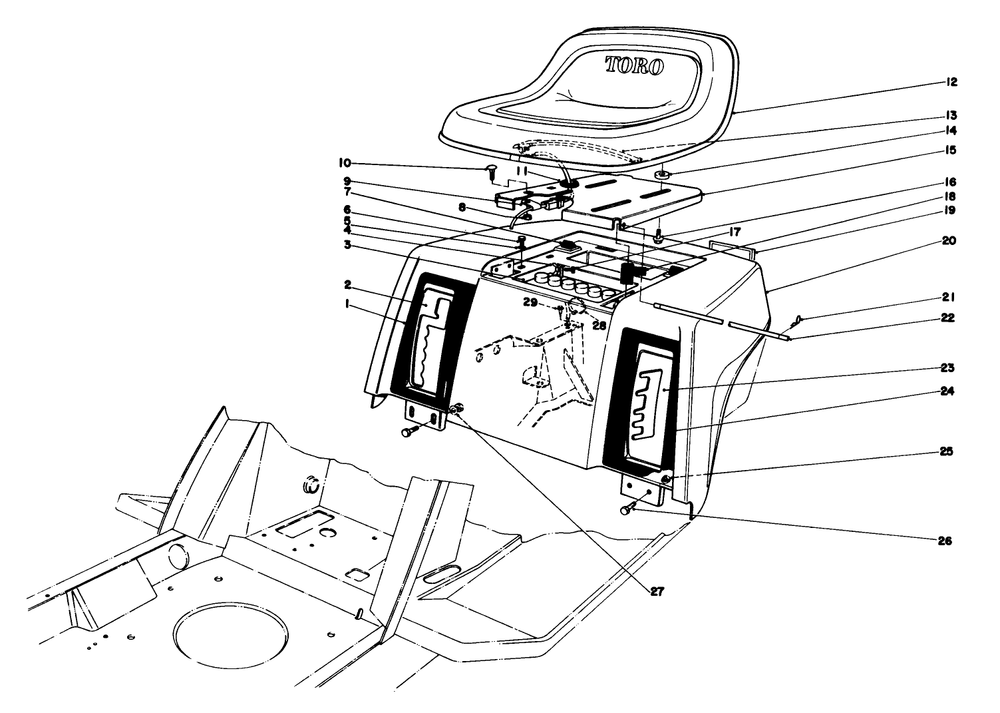 Rear Body & Seat Assembly Diagram and Parts List for 57354 6000001 - 6999999 Toro Lawn Tractor