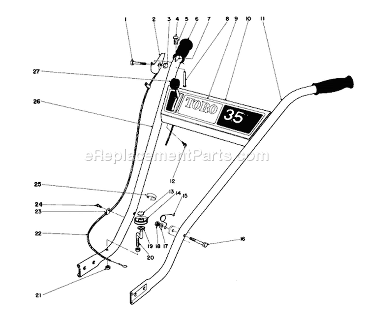Handle Assembly Diagram and Parts List for 58007 0000001-0999999 - 1980 Toro Tiller
