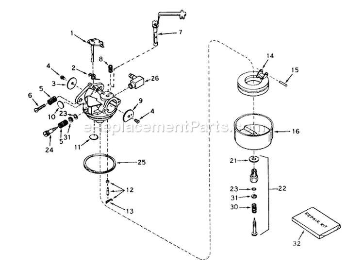 Carburetor Diagram and Parts List for 58007 9000001-9999999 - 1979 Toro Tiller