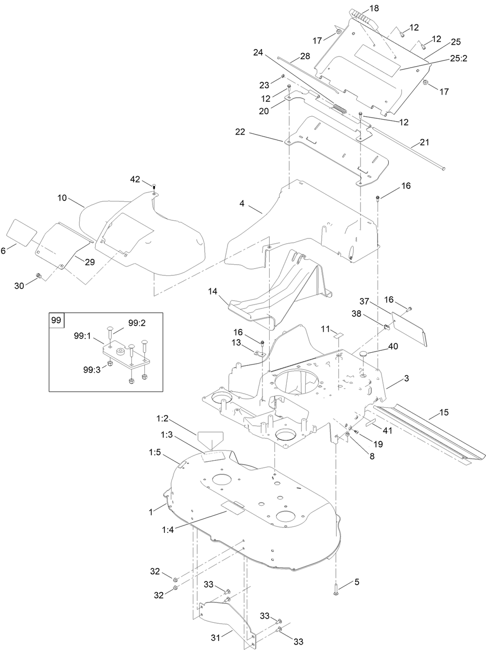 Deck, Frame And Chute Assembly Diagram and Parts List for 22225 410200000-999999999 Toro Lawn Mower