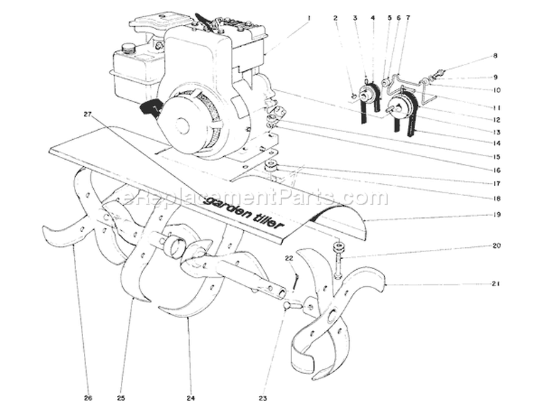 Tine and Engine Diagram and Parts List for 58125 4000001-4999999 - 1974 Toro Tiller