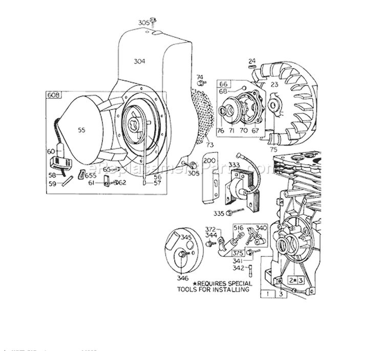 Rewind Starter Assembly Diagram and Parts List for 58215 3000001-3999999 - 1973 Toro Tiller