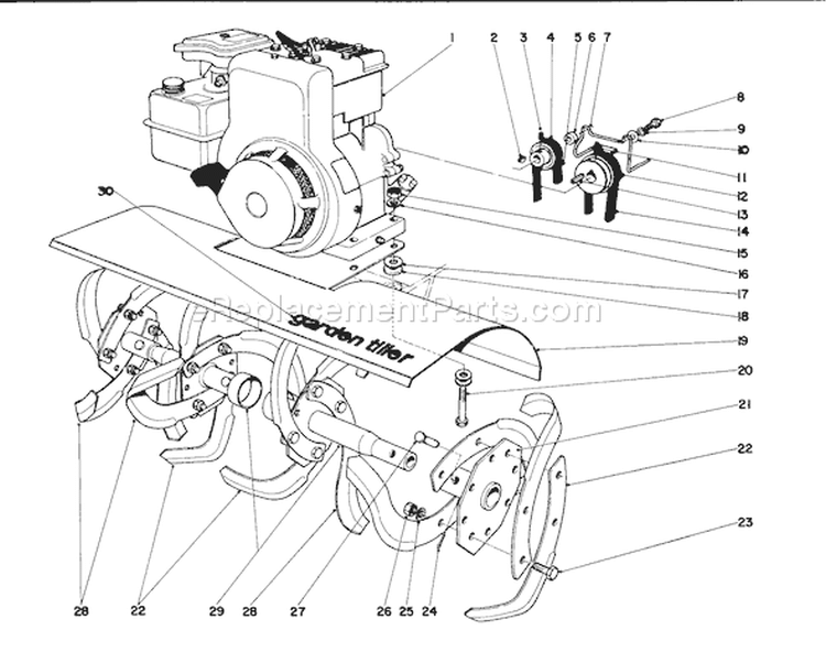 Tine And Engine Assembly Diagram and Parts List for 58215 3000001-3999999 - 1973 Toro Tiller