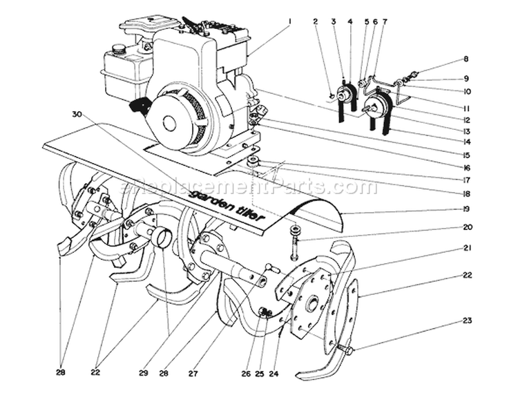 Tine And Engine Assembly (model 58220) Diagram and Parts List for 58220 4000001-4999999 - 1974 Toro Tiller