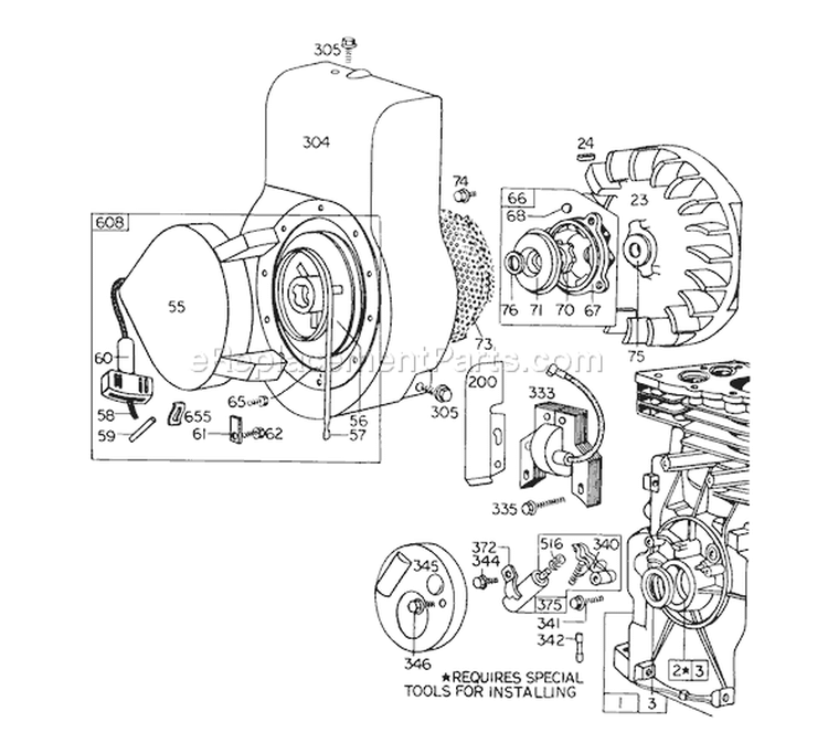 Rewind Starter Assembly Diagram and Parts List for 58231 4001270-4999999 - 1974 Toro Tiller