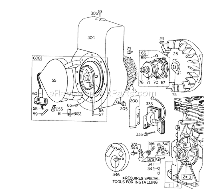 Rewind Starter Assembly Diagram and Parts List for 58220 5000001-5999999 - 1975 Toro Tiller