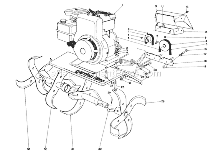 Tine And Engine Assembly Diagram and Parts List for 58237 3000001-3999999 - 1983 Toro Tiller