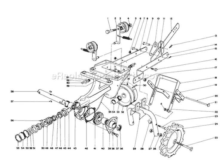 Chassis Assembly Diagram and Parts List for 58237 6000001-6999999 - 1976 Toro Tiller