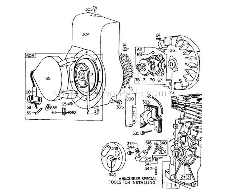 Rewind Starter Assembly Diagram and Parts List for 58237 6000001-6999999 - 1976 Toro Tiller