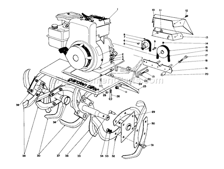 Tine And Engine Assembly Diagram and Parts List for 58237 6000001-6999999 - 1976 Toro Tiller