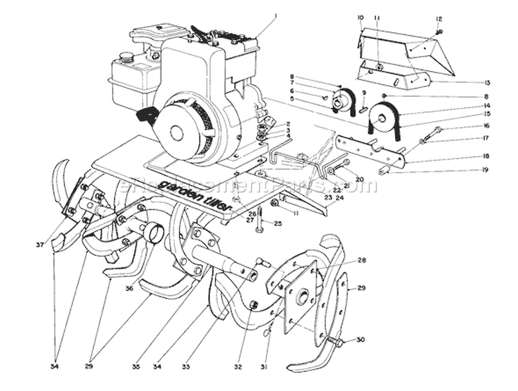 Tine And Engine Assembly Diagram and Parts List for 58226 9000001-9999999 - 1979 Toro Tiller
