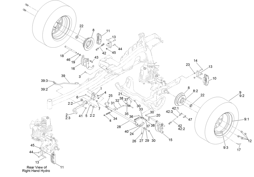 Parking Brake And Wheel Assembly Diagram and Parts List for 74945 400000000-401799999 Toro Lawn Tractor