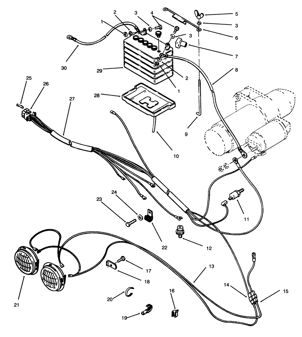 Battery & Headlights Assembly Diagram and Parts List for 73501 59000001 - 59000411 Toro Lawn Tractor