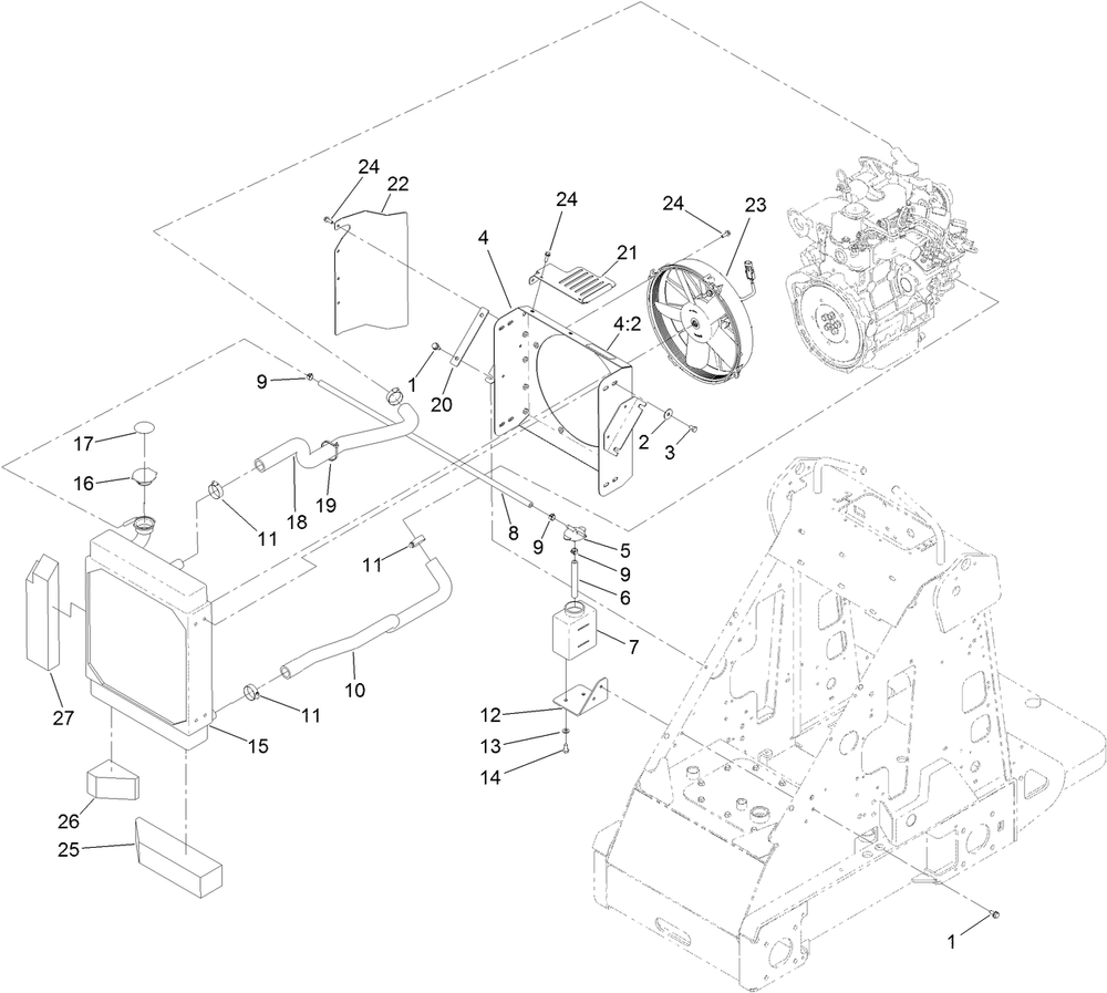 Radiator And Fan Assembly Diagram and Parts List for 22337CP 405700000 - 410399999 Toro Lawn Tractor Accessories